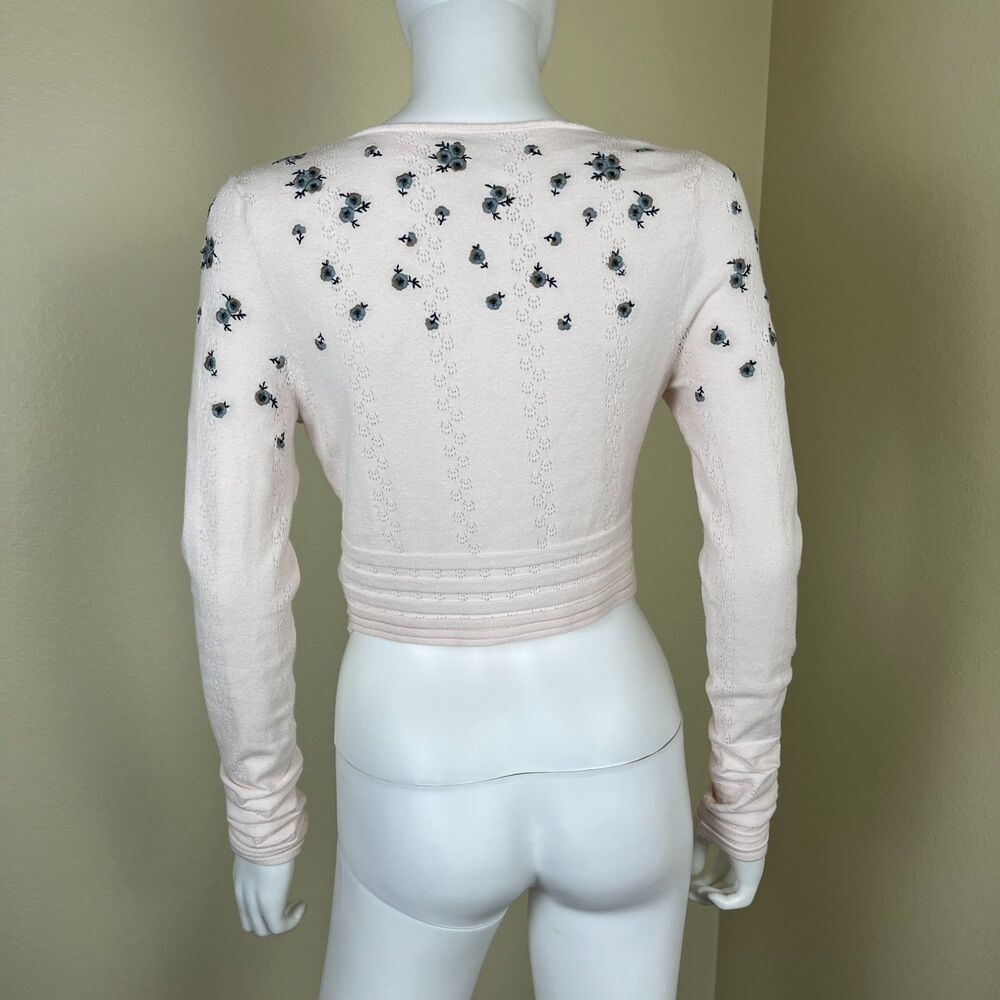 Free People Women Size M Pink Chilled Out V-Neck Crop Floral Embroidered Top - Picture 8 of 14